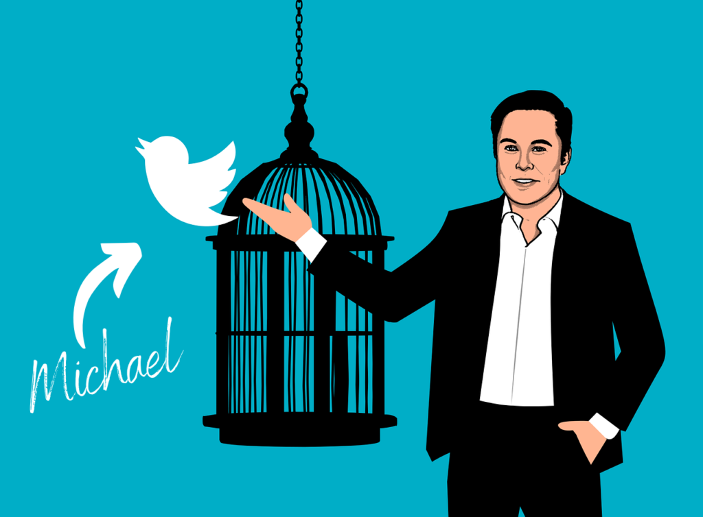 Grafik zeigt Elon Musk neben einem Vogelkäfig, eine Vogelsilhouette in Form des Twitter-Logos entflieht. Daneben ein Pfeil mit dem Text Michael.